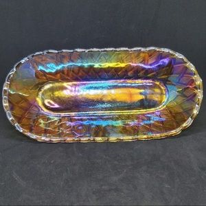 Amber Iridescent Carnival Indiana Glass Basket Weave Nut ~ Candy Dish